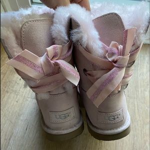 pink glittery lace up ribbon uggs